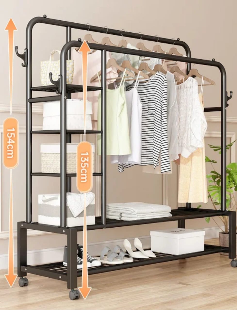 👗 penderie à vêtements double barre avec Étagères & roulettes 👗 penderie à vêtements double barre avec Étagères & roulettes