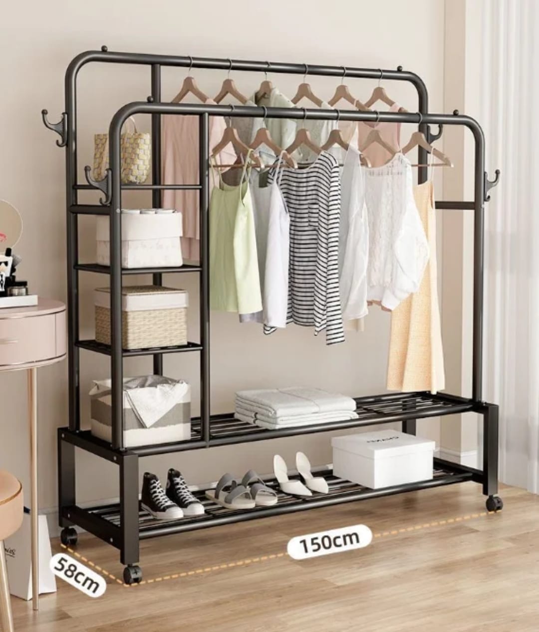 👗 penderie à vêtements double barre avec Étagères & roulettes 👗 penderie à vêtements double barre avec Étagères & roulettes